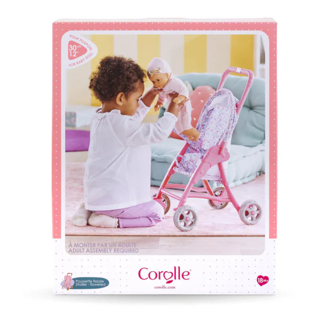 Corolle flowered doll stroller folded flat for storage or for taking to a grandparent's house