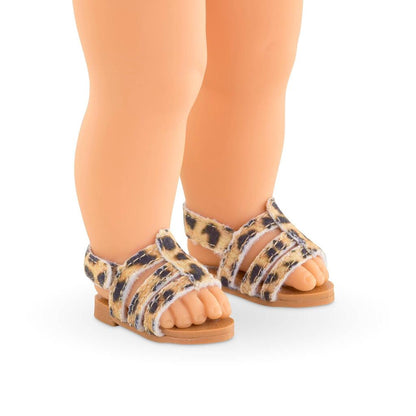 Corolle leopard print doll sandals for 36cm Ma Corolle dress-up dolls, with a strap closure and flexible sole