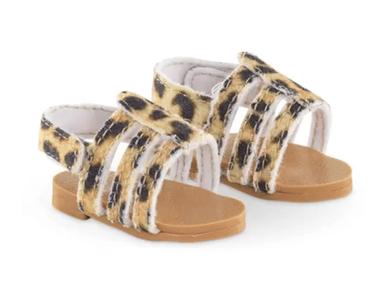 Leopard print sandals worn by a 36cm Ma Corolle dress-up doll, paired with a summer dress