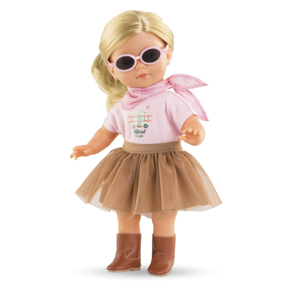 36cm Ma Corolle doll wearing Festival Outfit with pink sunglasses and brown tulle skirt