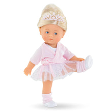 Corolle Mini Corolline Rosy Ballerina wearing pink cardigan, leg warmers and tiara