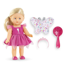 Front view of the Rosy Mini Corolline doll in her fairy outfit, with painted eyes and long hair
