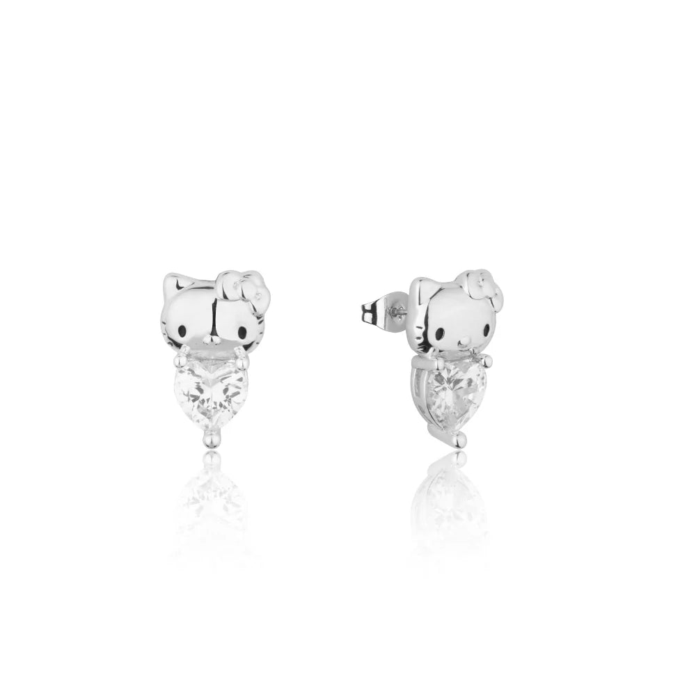 Couture Kingdom x Sanrio® Hello Kitty® April birthstone stud earrings featuring clear heart-shaped crystal and gold plated finish