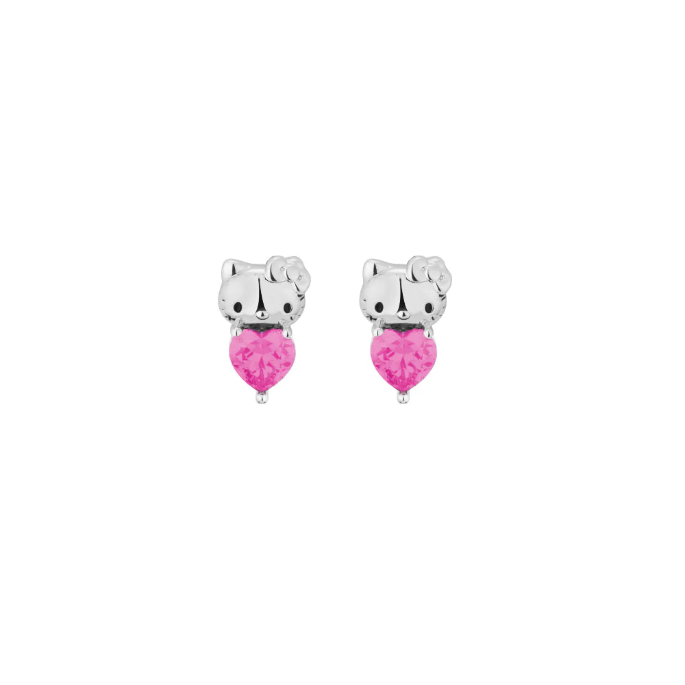 Couture Kingdom x Sanrio® Hello Kitty® October birthstone stud earrings featuring heart-shaped pink crystals and gold plated finish
