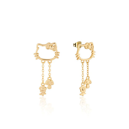Couture Kingdom x Sanrio® Hello Kitty® outline gold stud earrings with dangling flower and mushroom charms