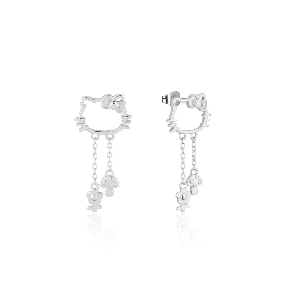Couture Kingdom x Sanrio® Hello Kitty® outline silver stud earrings with dangling flower and mushroom charms