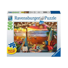 Ravensburger Cozy Cabana 500 piece puzzle box featuring a relaxing beachside cabana scene by the sea