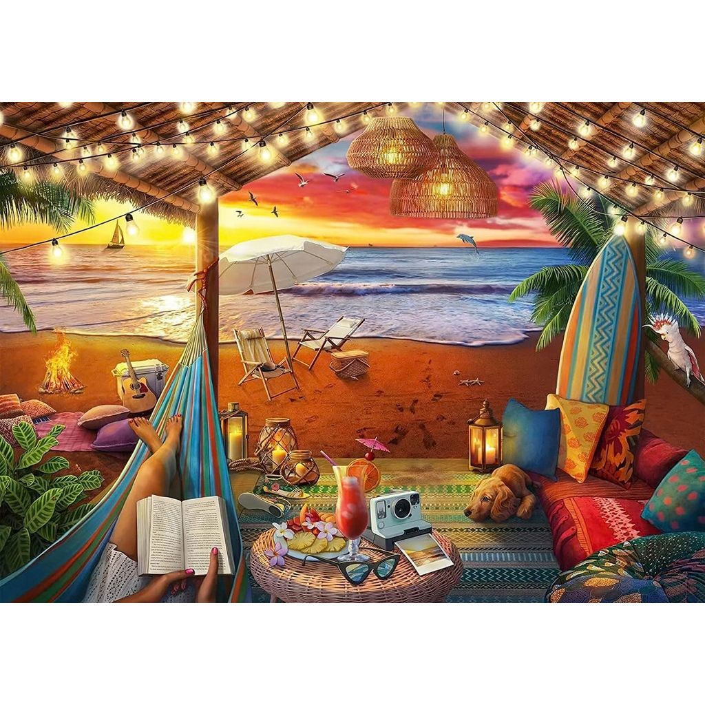 Completed Cozy Cabana jigsaw puzzle showing a sunny seaside retreat with warm sand and a shady spot to relax
