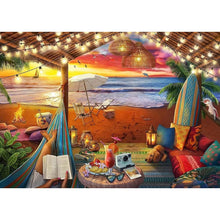 Completed Cozy Cabana jigsaw puzzle showing a sunny seaside retreat with warm sand and a shady spot to relax