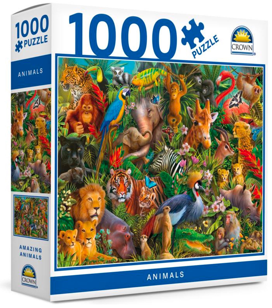 Animals 1000 piece puzzle featuring jungle wildlife including lions, tigers, elephants and giraffes