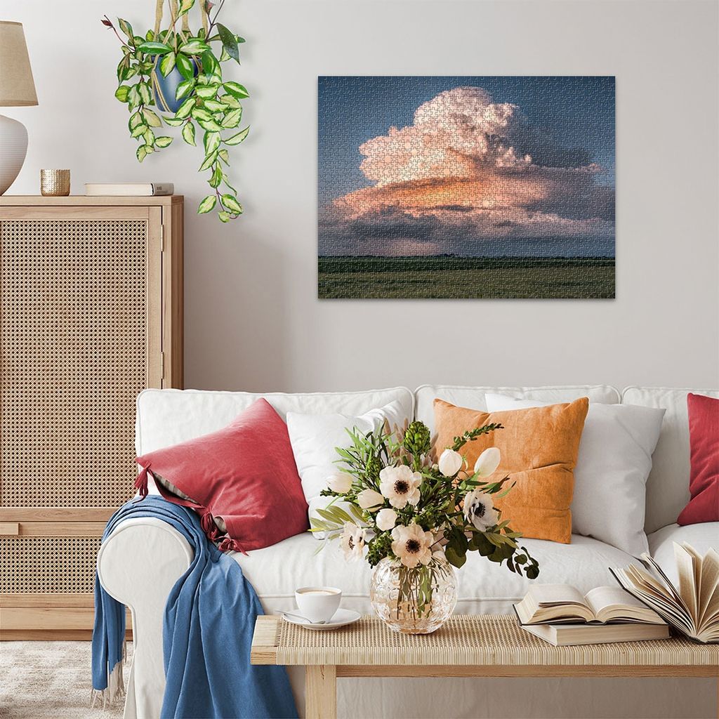 Detail section of the Cumulus Epos puzzle showing towering cumulus cloud peaks lit by warm sunlight