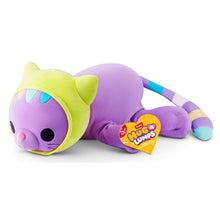 A purple cat-shaped plush toy lying down, wearing a lime green hood with cat ears. The tail has pastel blue, white, and purple stripes, and a yellow heart-shaped tag on the side reads 'Two Lumps'.