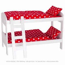 Goki wooden dolls house bunk bed with ladder, white timber frame and red polka dot bedding set