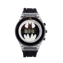 DC Batman flashing LCD children's watch with black textured strap, transparent case and digital display featuring the iconic Batman logo.