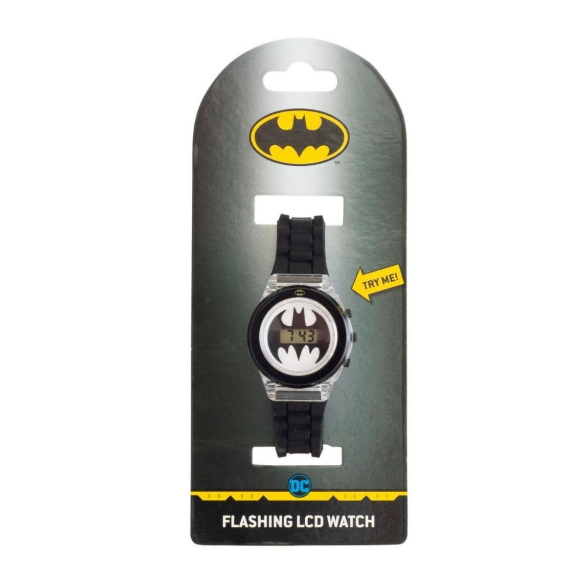 DC Batman flashing LCD children's watch with black strap and Batman logo digital display, shown in original retail packaging.