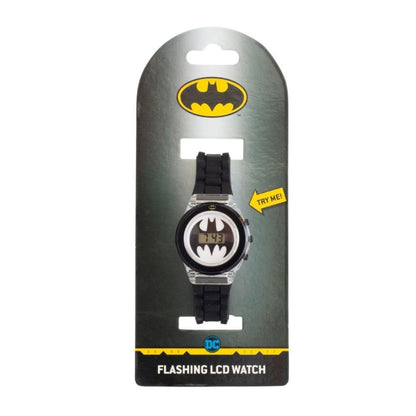 DC Batman flashing LCD children's watch with black strap and Batman logo digital display, shown in original retail packaging.