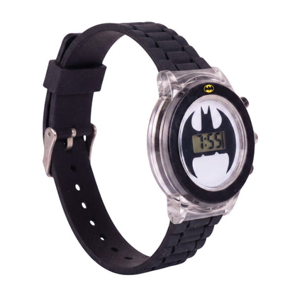 Side view of DC Batman flashing LCD children's watch featuring a black adjustable strap, transparent case, digital display and Batman logo.