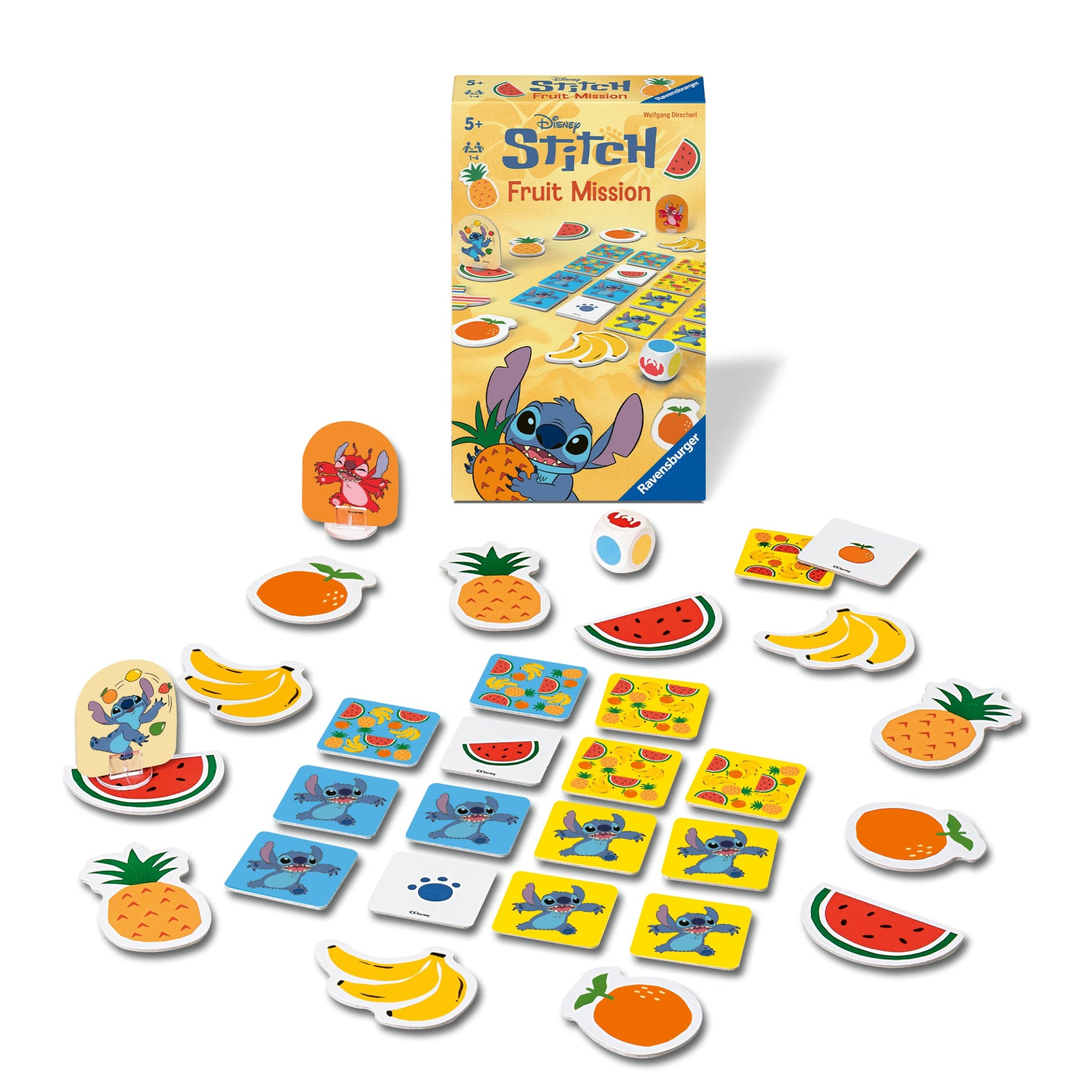 Disney Stitch Fruit Mission game cards and Stitch playing piece