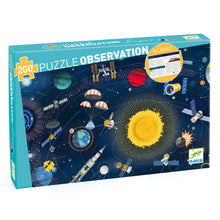 Space-themed puzzle box with solar system illustration and 'Djeco' branding