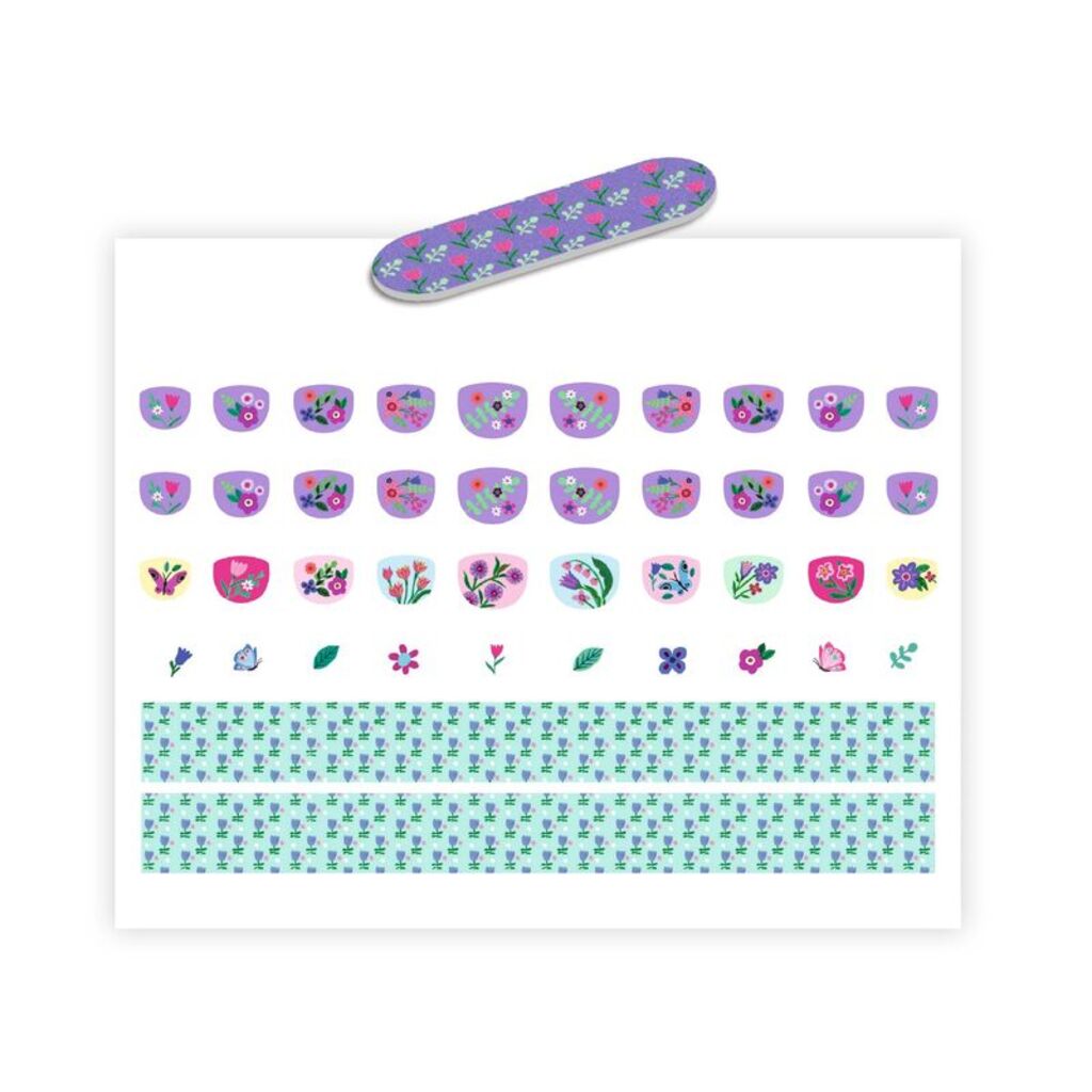 Child's fingernails decorated with Djeco Petit Flowers nail stickers, a mess-free alternative to nail polish