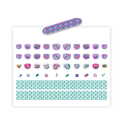 Child's fingernails decorated with Djeco Petit Flowers nail stickers, a mess-free alternative to nail polish