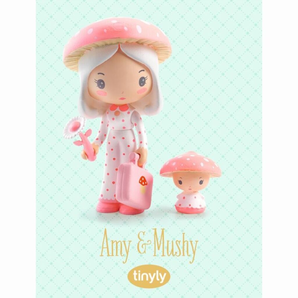 Djeco Tinyly Amy and Mushy dolls in their small gift box, a collectable mini figure set for imaginative play
