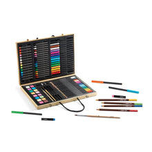 Open Djeco Big Box of Colours showing neatly arranged colouring pencils and felt-tip pens