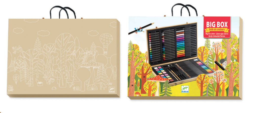 Wax crayons and paint pots inside the Djeco Big Box of Colours art set for mixed-media creativity