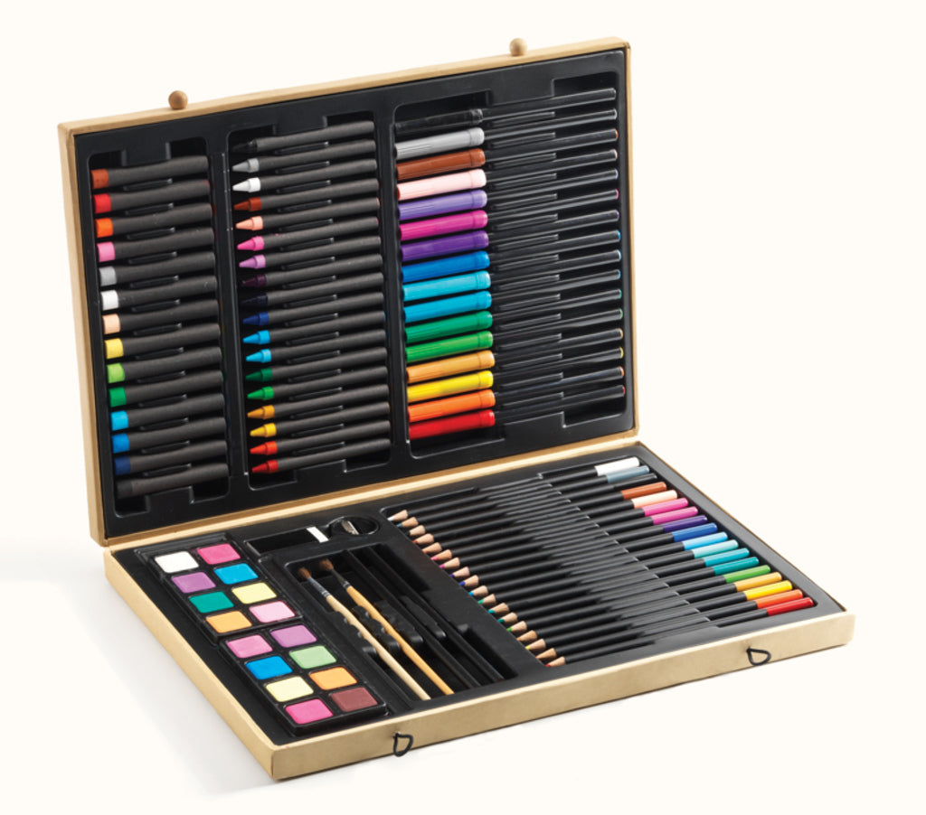 Djeco Big Box of Colours art set for kids with pencils, felt tips, crayons and paints in one gift box