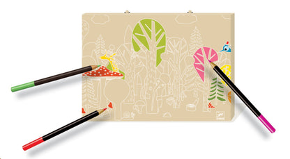 Close-up of the felt-tip pens and colouring pencils in the Djeco Big Box of Colours