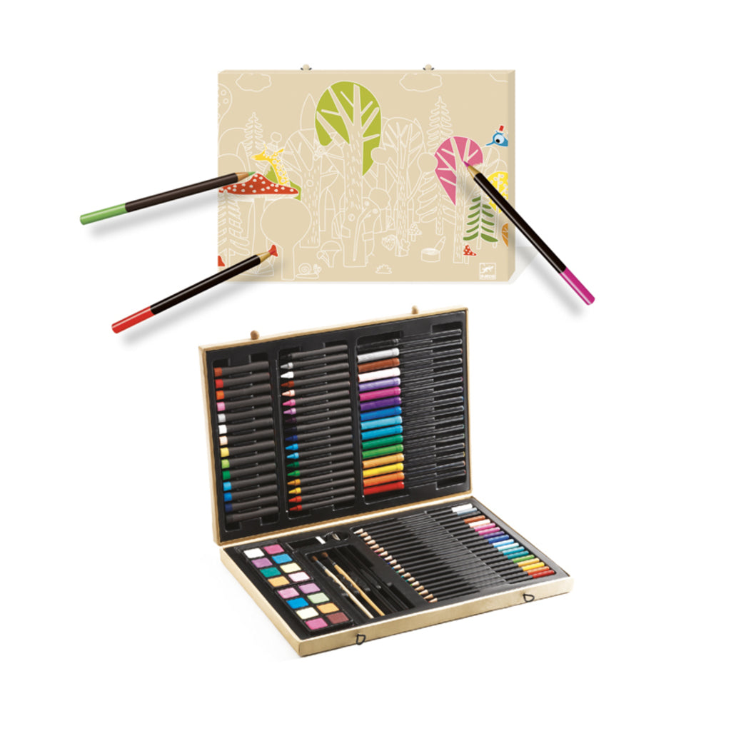 Full contents of the Djeco Big Box of Colours art set laid out on a table, from pencils to paints