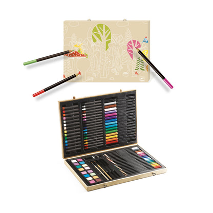 Full contents of the Djeco Big Box of Colours art set laid out on a table, from pencils to paints