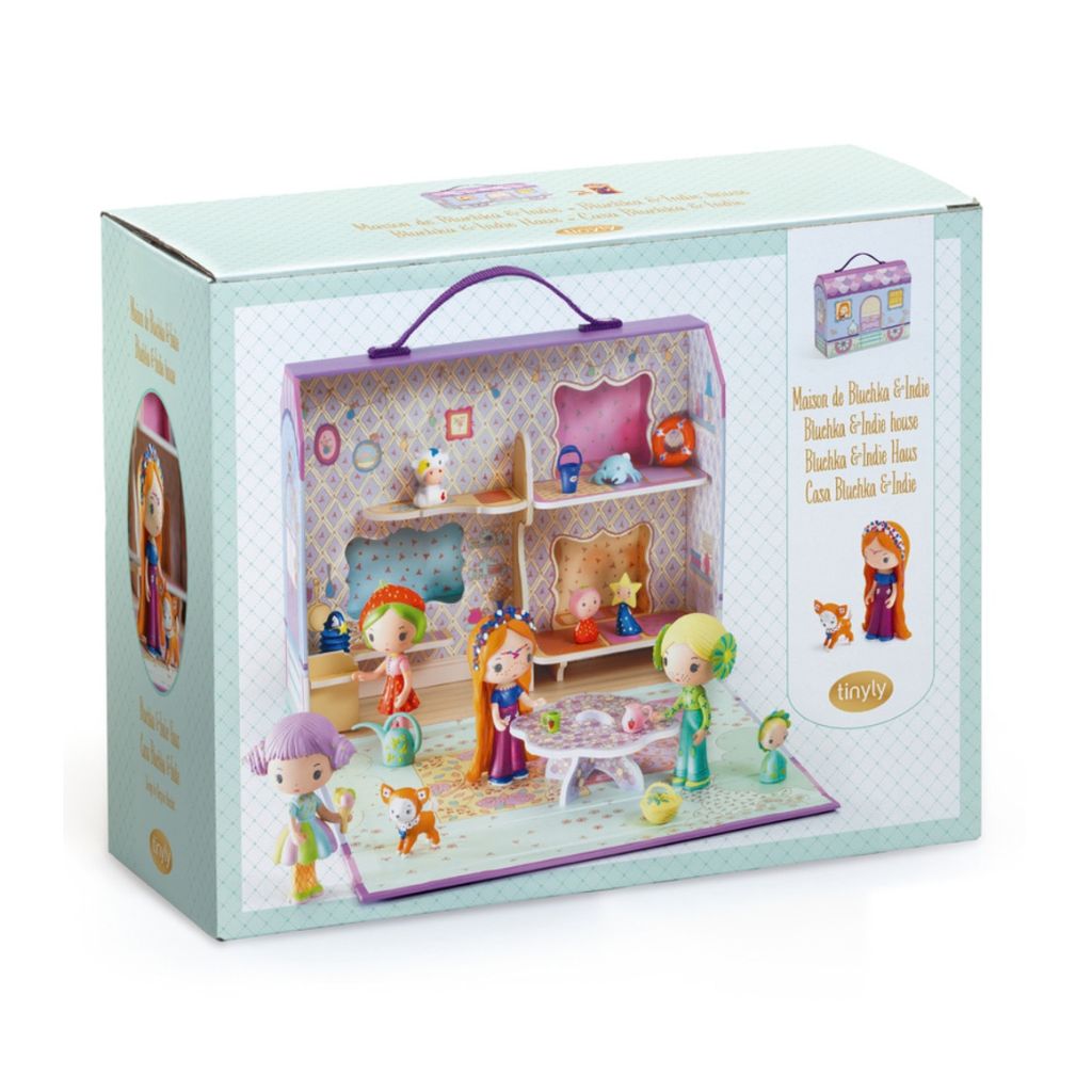 Djeco Tinyly Bluchka and Indie caravan house playset with a Tinyly figurine and pet companion