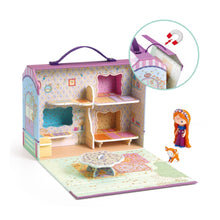 Exterior of the Djeco Tinyly Bluchka and Indie caravan house showing its charming illustrated details