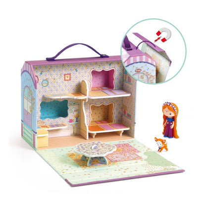 Exterior of the Djeco Tinyly Bluchka and Indie caravan house showing its charming illustrated details