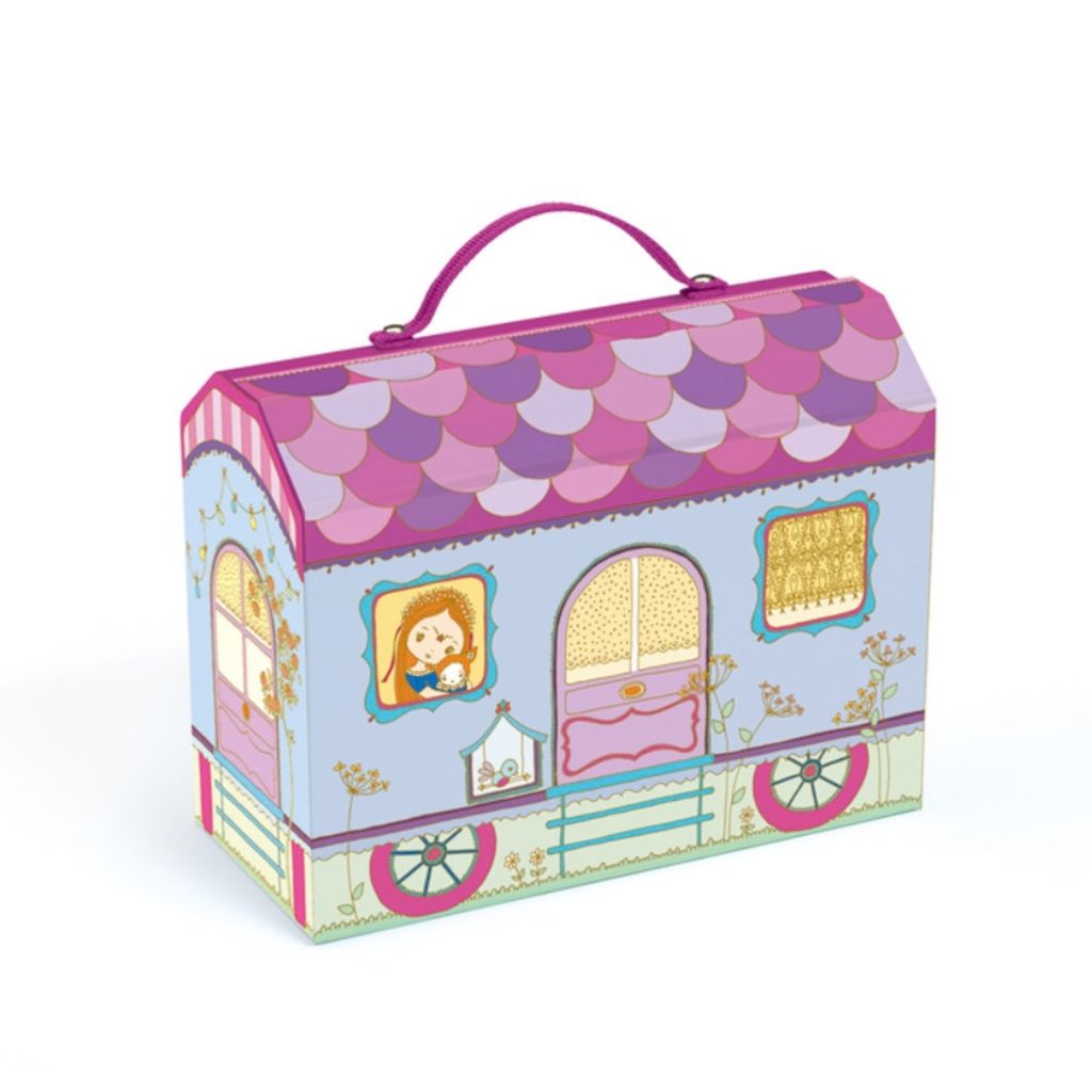 Back view of the Djeco Tinyly Bluchka and Indie caravan showing its decorated exterior