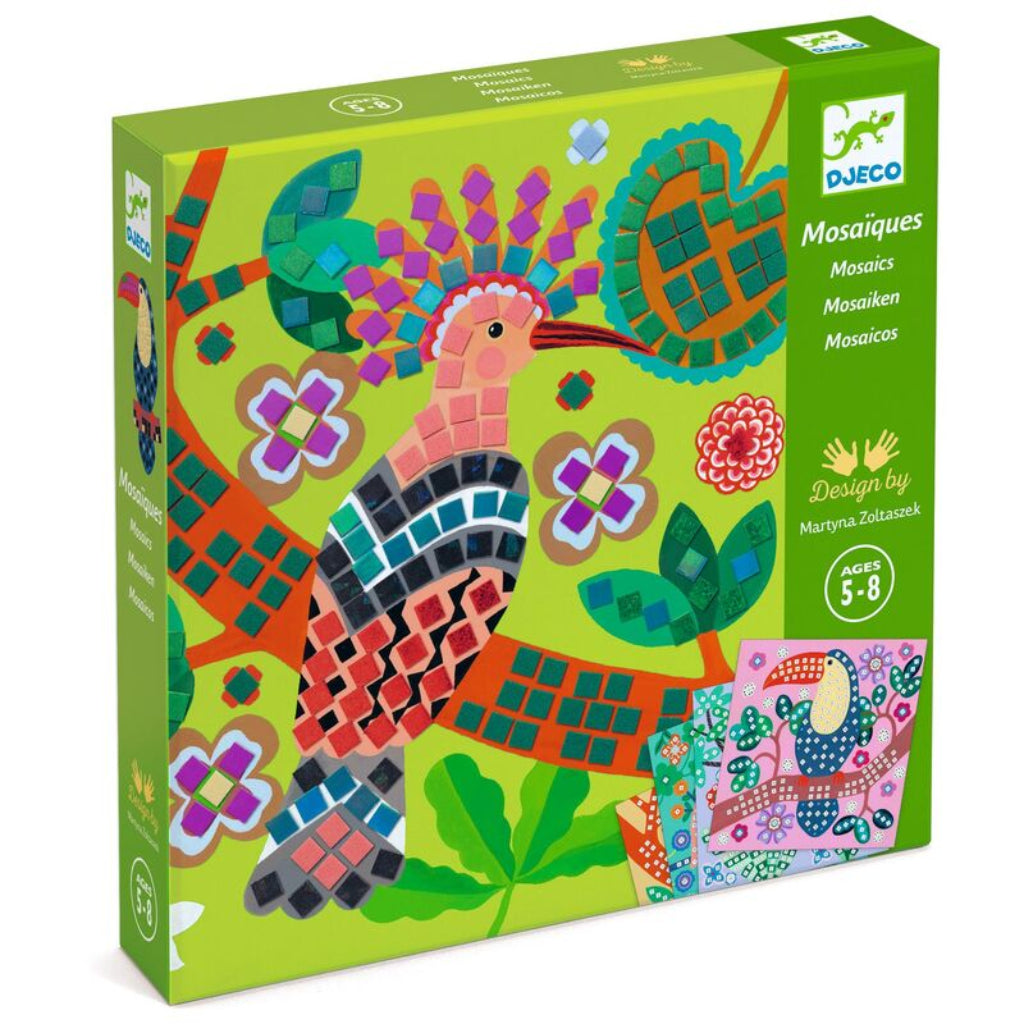 Colorful mosaic art kit packaging with a bird design on a green background