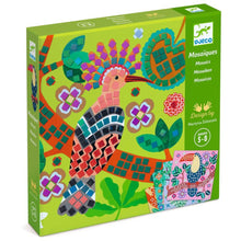 Colorful mosaic art kit packaging with a bird design on a green background