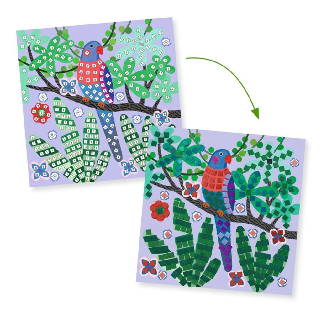 Close-up of metallic foam squares catching the light on a finished Djeco Canopy mosaic board for beginner crafters