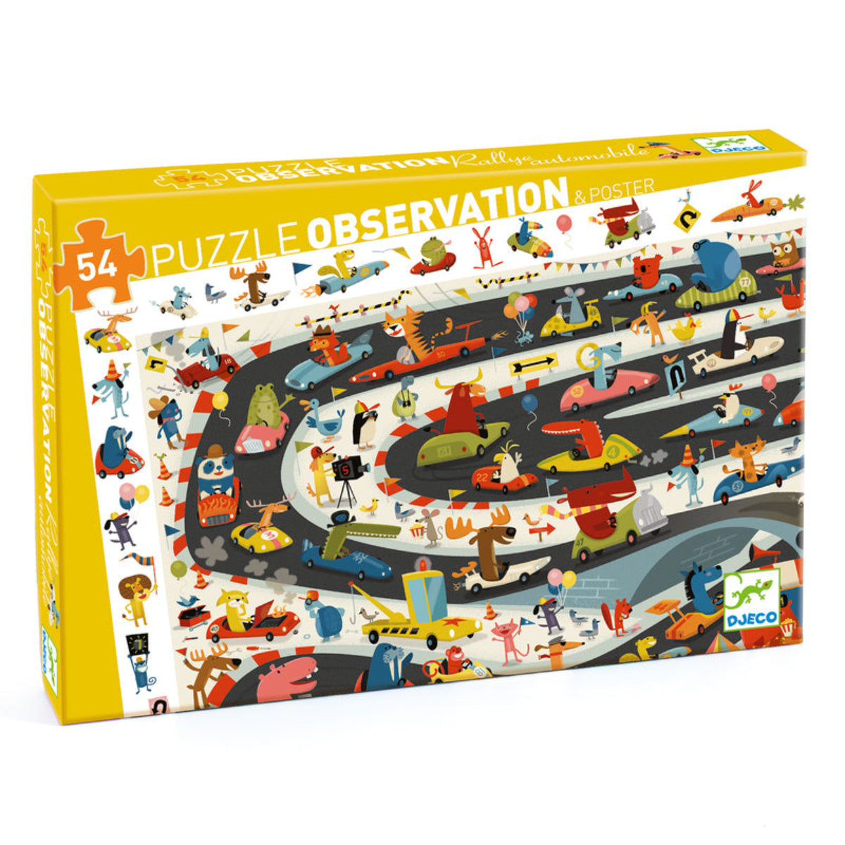 Puzzle box with colorful illustration of a race track and various characters, featuring the brand 'DJECO'.