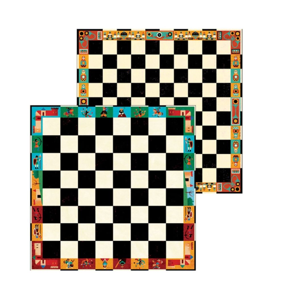 Djeco illustrated chess pieces set up on the board, ready for a first game of chess