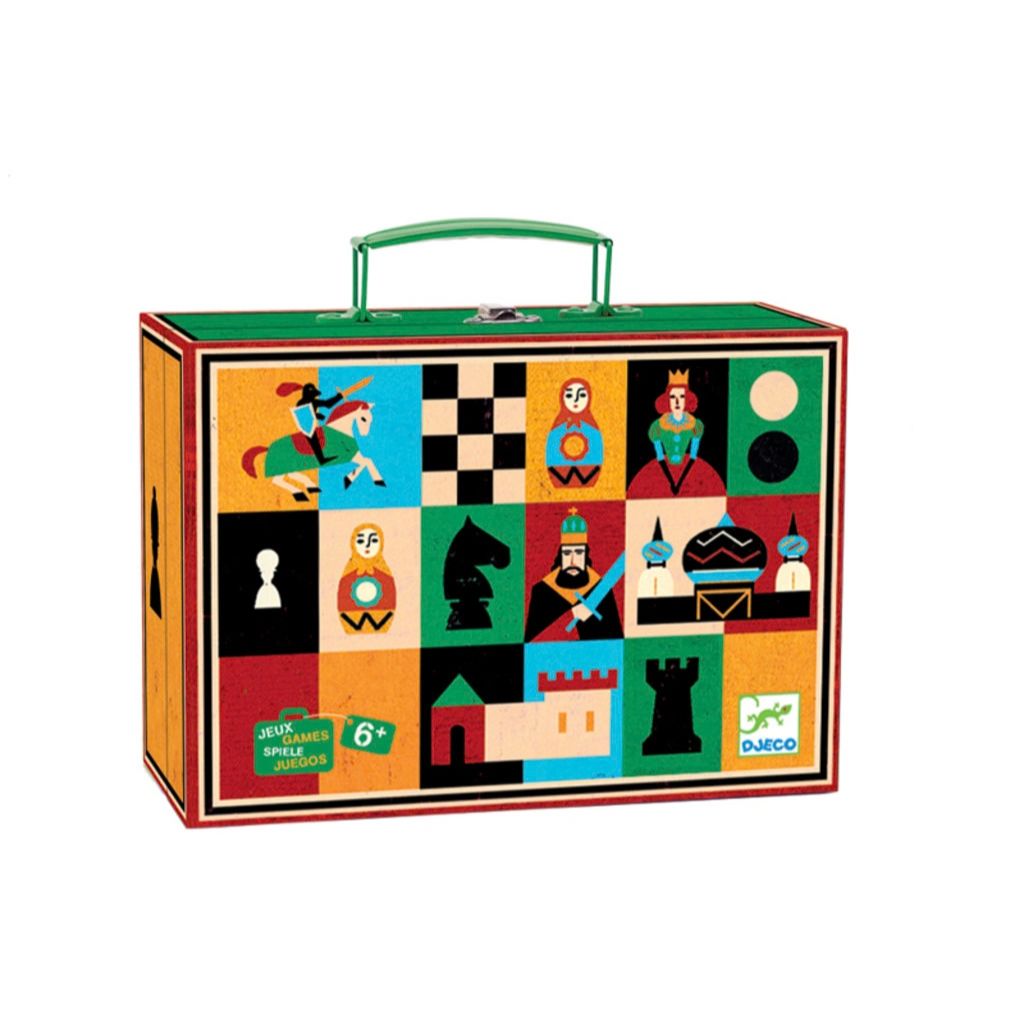 Djeco Chess and Checkers set for kids with an illustrated board and pieces for two classic strategy games