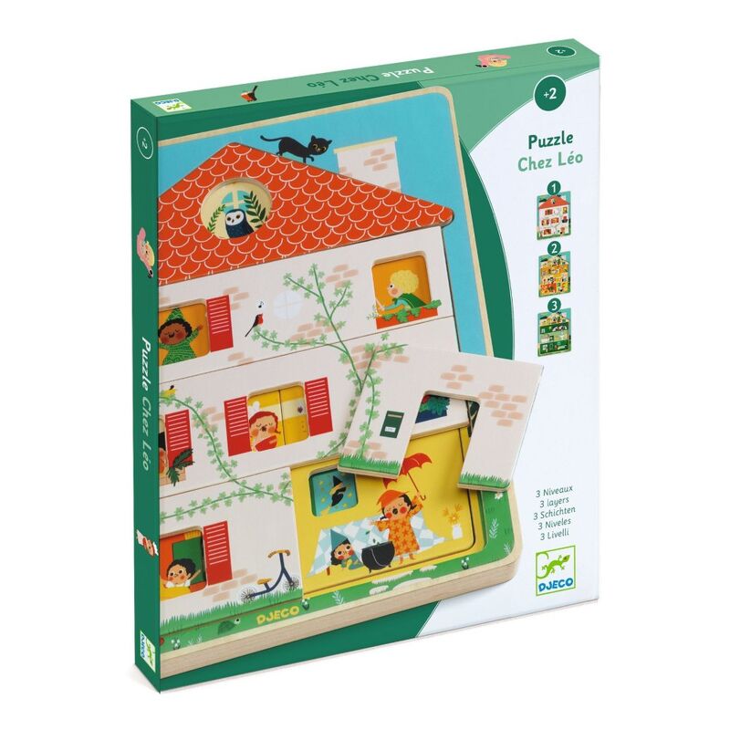 Djeco Chez Leo 3 layer wooden puzzle featuring a colourful house with rooms and characters