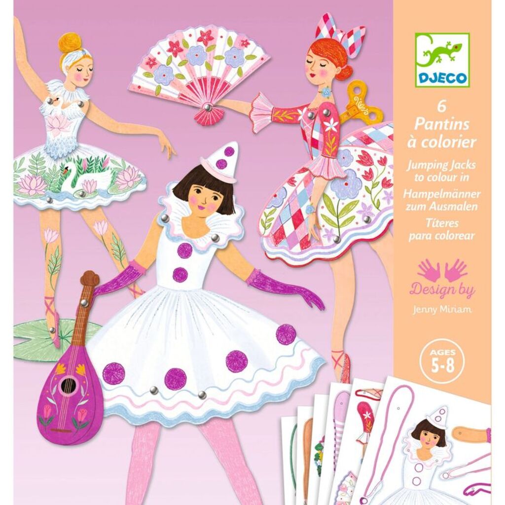 the illustrated leaflet open, showing the colouring templates for the ballet figures