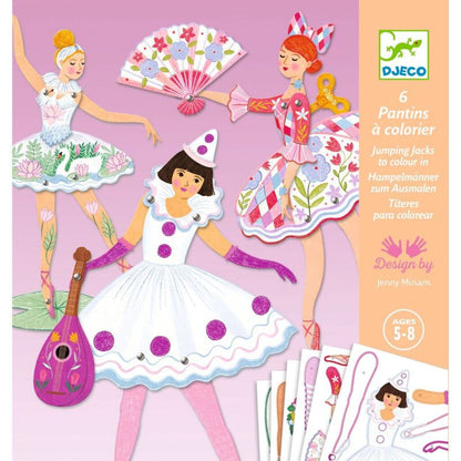 the illustrated leaflet open, showing the colouring templates for the ballet figures