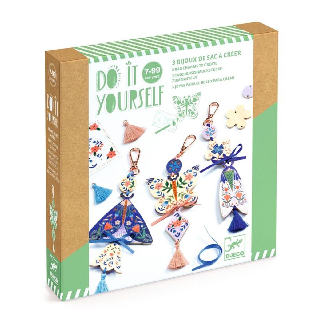 Djeco Do It Yourself Butterflies bag charms craft kit with materials to decorate and assemble butterfly charms