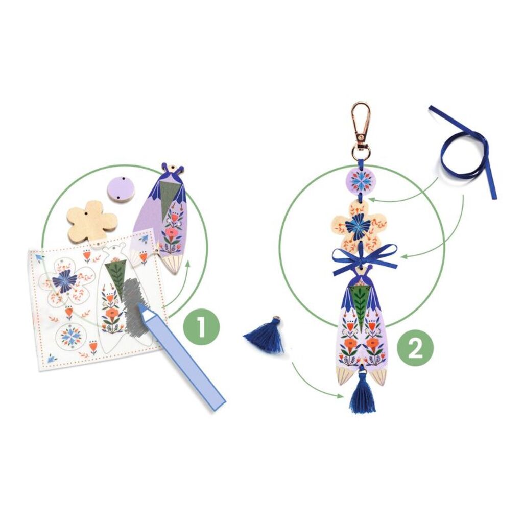 Craft materials from the Djeco Butterflies bag charms kit laid out, including decorations and clip attachments
