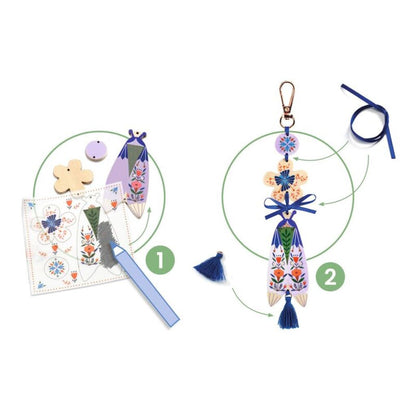 Craft materials from the Djeco Butterflies bag charms kit laid out, including decorations and clip attachments