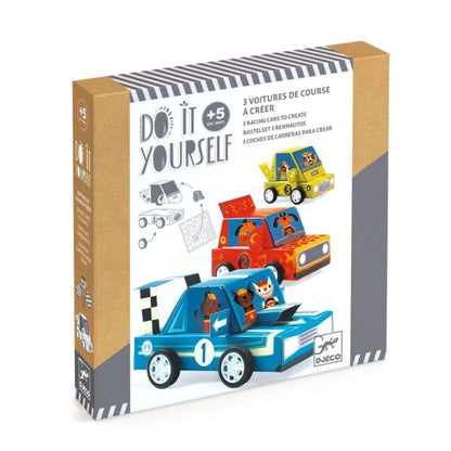 Djeco Do It Yourself Grand Prix craft kit for kids to build and decorate their own racing cars
