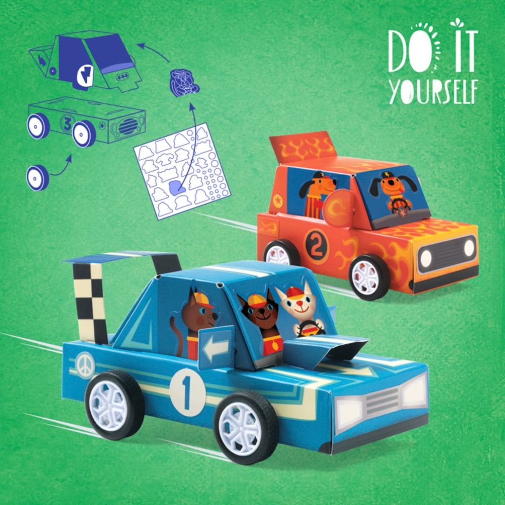 Step-by-step instructions from the Djeco Do It Yourself Grand Prix kit guiding car assembly